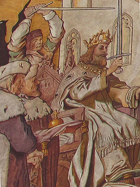 Wandmalerei in Konstanz: ein König mit Schwert und Krone