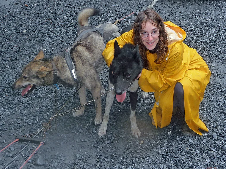 Alaska Seward Iditarod Sled Dog Tours junge Besucherin streichelt Hund