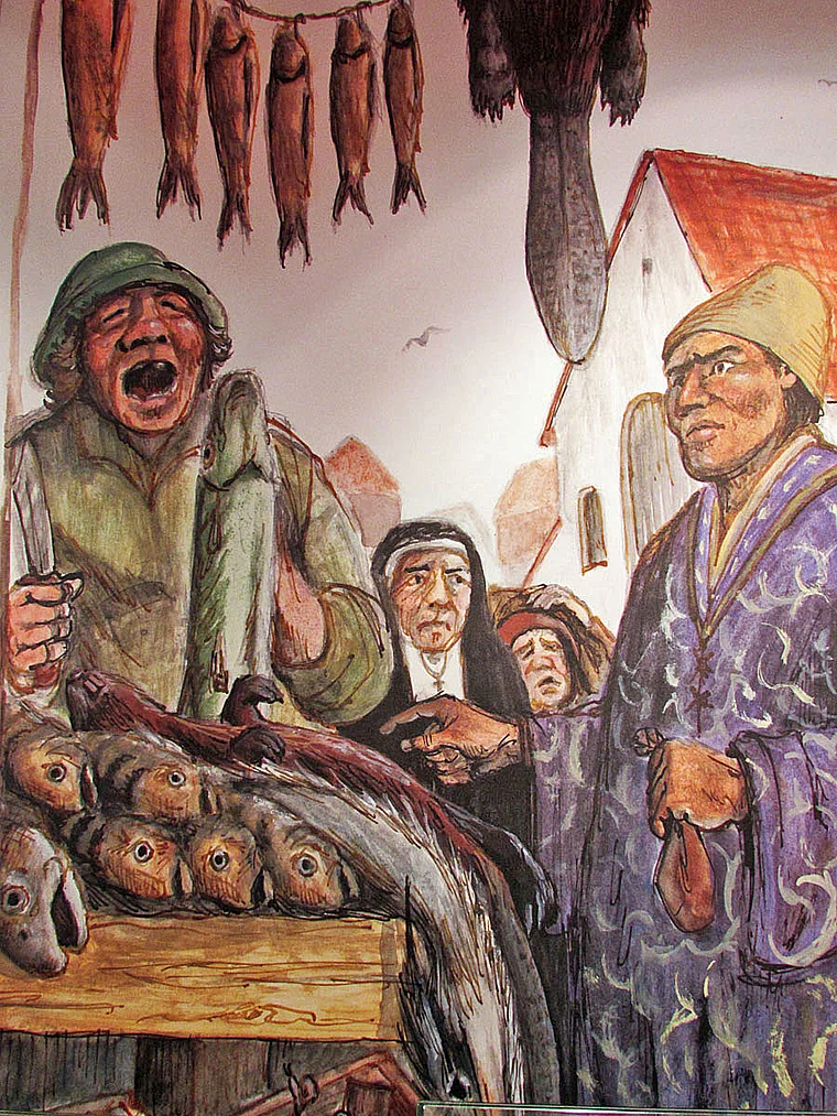 Wandmalerei in Konstanz: Fischhändler auf dem Markt