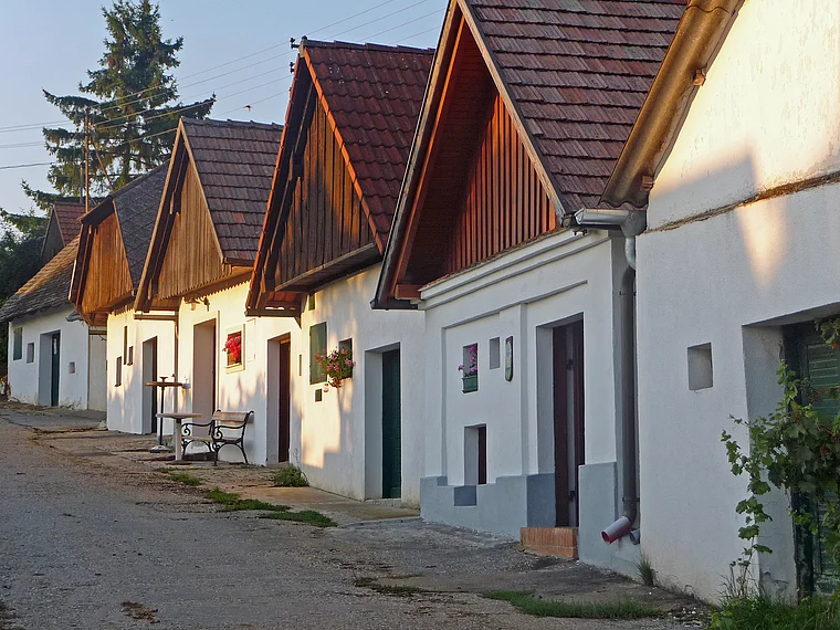 Reihe weiß getünchter Kellerhäuser in einer Kellergasse