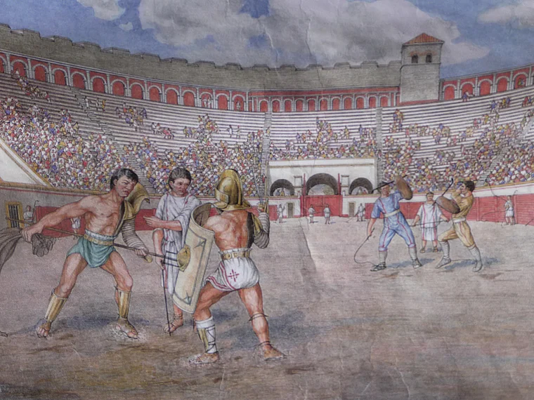 Trier Amphitheater Gladiatorenkämpfe grafische Darstellung