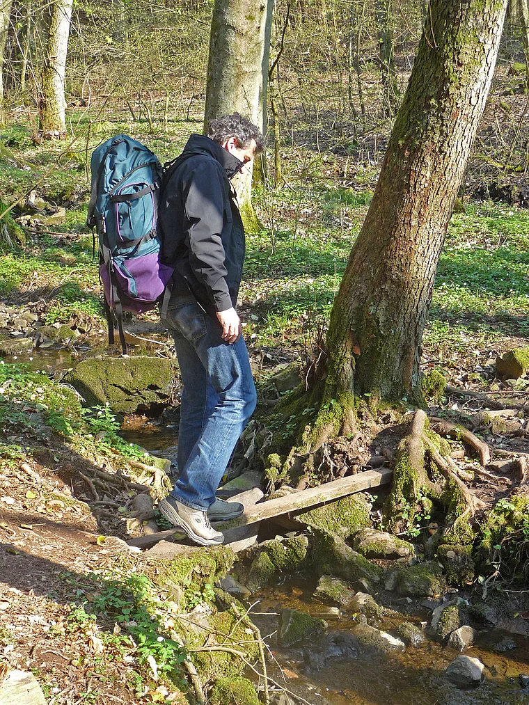 Saar-Hunsrück-Steig Wanderer überquert Bach